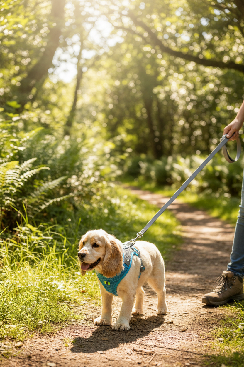 Small dog wearing a breathable no-pull vest harness on a sunny outdoor trail