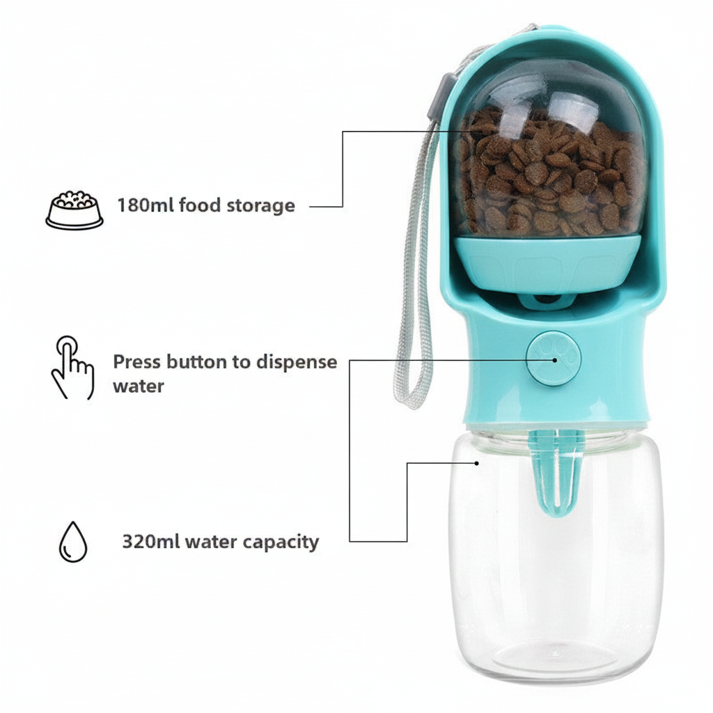 2-in-1 Dog Travel Water & Food Bottle – Portable Leak-Proof Dispenser for Walks & Hikes