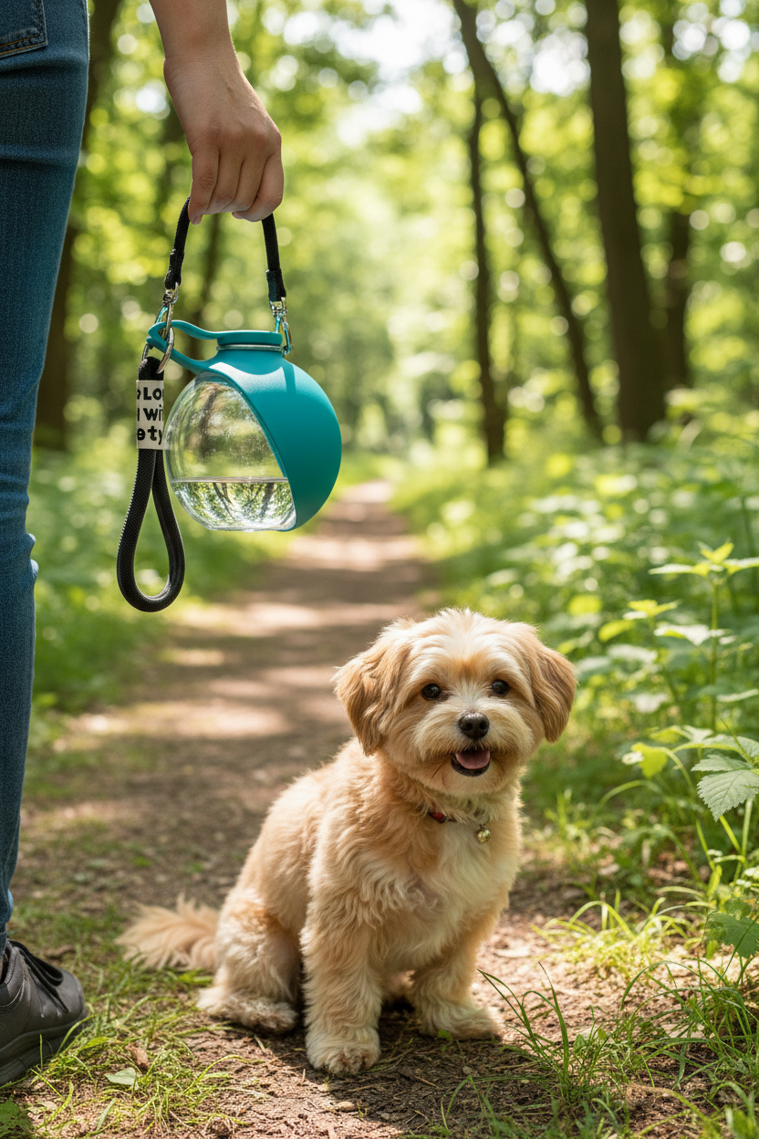 Hand holding a foldable silicone pet travel water bottle outdoors with a dog
