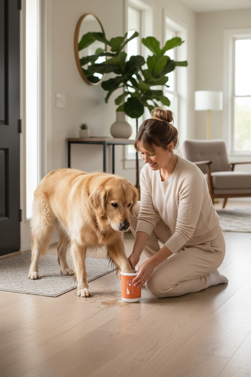 Person inserting muddy dog paw into paw cleaning cup at front door