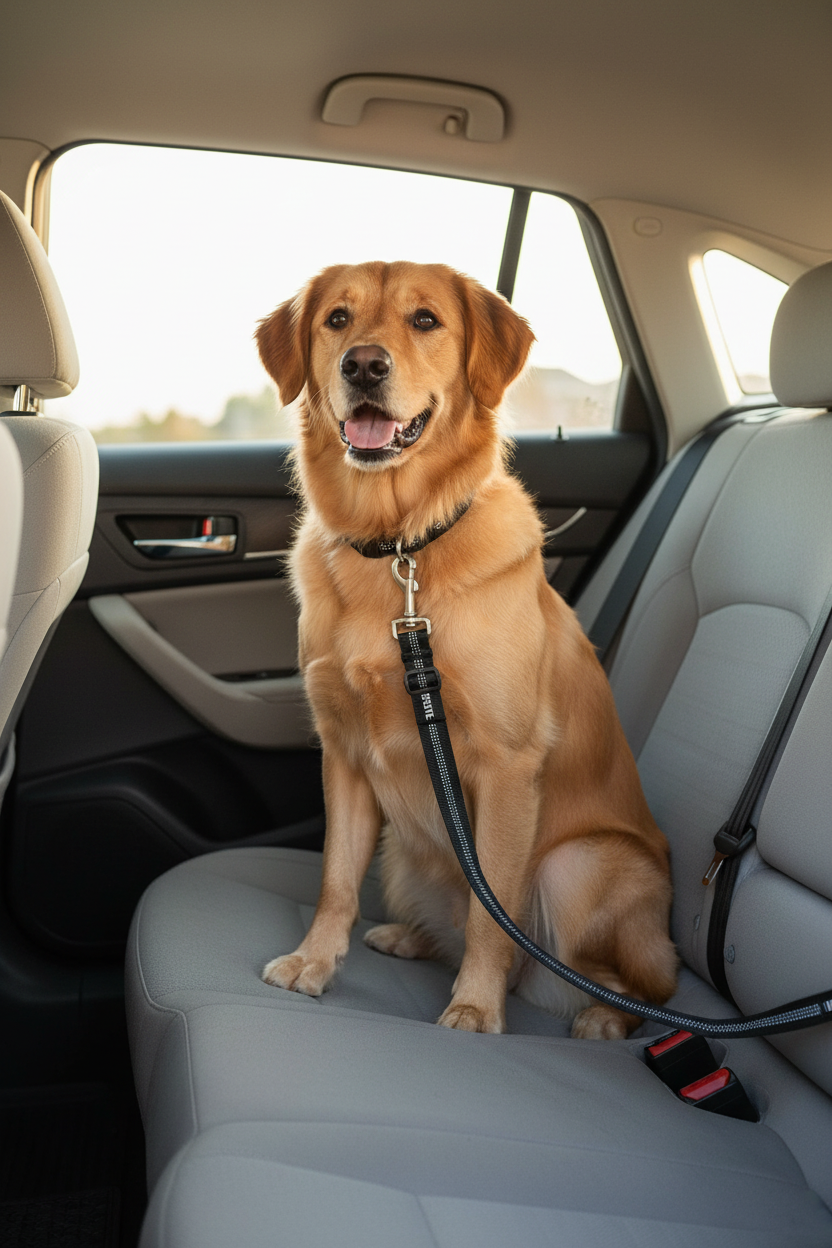 Dog sitting calmly in car back seat with safety leash clipped into seat belt buckle