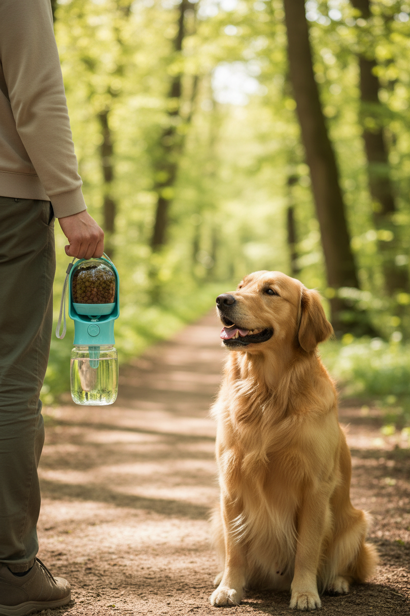Hand holding a 2-in-1 pet travel water and food bottle outdoors with a dog