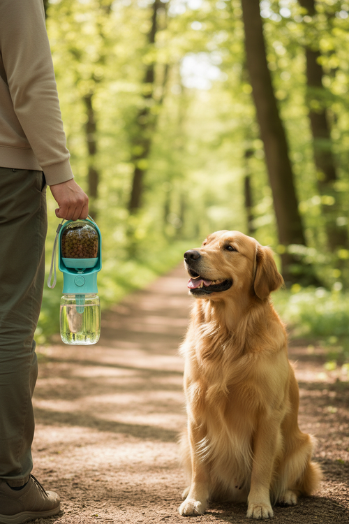 Hand holding a 2-in-1 pet travel water and food bottle outdoors with a dog