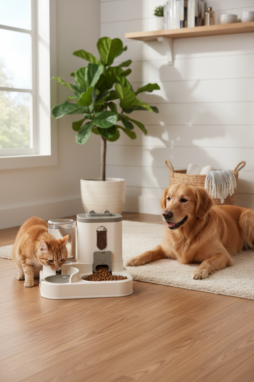 Cat eating from automatic pet food dispenser on kitchen floor with dog nearby